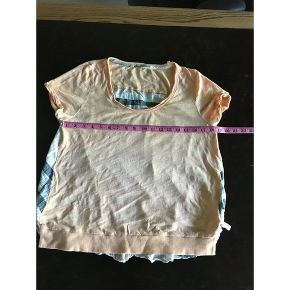 Anthropologie Little Yellow Button Peach and Grey Striped T-Shirt - Picture 4 of 7